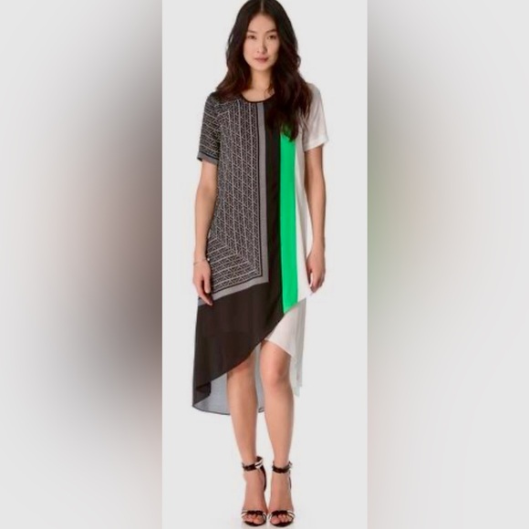BCBGMaxAzria Adeline Asymmetrical Color Block Geo Print Midi Scarf Dress - Picture 9 of 9